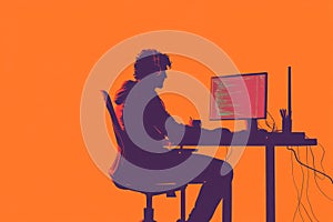 Programmer Silhouette at Desk on Solid Background