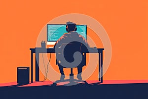 Programmer Silhouette at Desk on Solid Background
