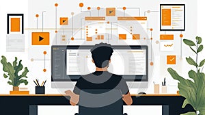 Programmer Working on a Computer with Multiple Screens and Documents
