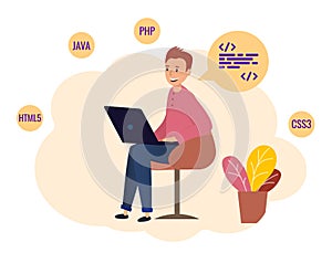 Programmer sitting with laptop and working.. concept