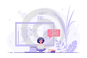Programmer specialist sitting on big computer screen and working