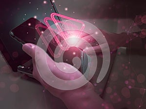Programmer technical IT service support using smartphone,check alert visual sign icon computer,data software caution warning sign