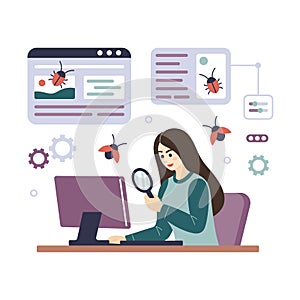 Programmer tester female character cartoon illustration. Girl programmer tester at computer, finding program bugs.