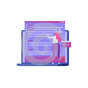 Programmer tiny woman writes code on laptop