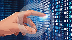 Programmer touching binary code on futuristic digital display