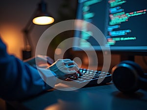 Programmer Typing Code on Backlit Keyboard at Night