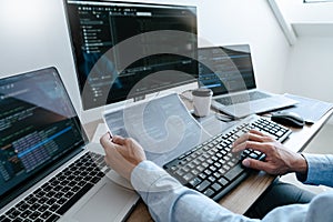 Programmer Typing Code on desktop computer, Developing programming and coding technologies concept
