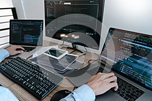 Programmer Typing Code on desktop computer, Developing programming and coding technologies concept