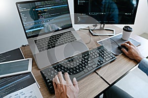 Programmer Typing Code on desktop computer, Developing programming and coding technologies concept