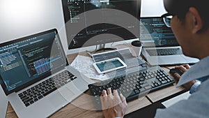 Programmer Typing Code on desktop computer, Developing programming and coding technologies concept