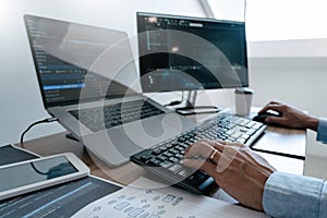 Programmer Typing Code on desktop computer, Developing programming and coding technologies concept