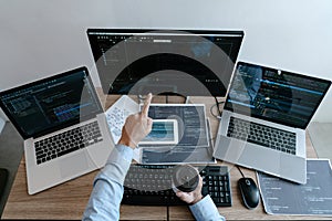 Programmer Typing Code on desktop computer, Developing programming and coding technologies concept