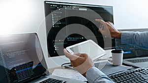Programmer Typing Code on desktop computer, Developing programming and coding technologies concept