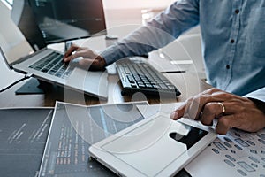 Programmer Typing Code on desktop computer, Developing programming and coding technologies concept