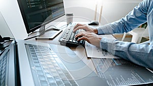 Programmer Typing Code on desktop computer, Developing programming and coding technologies concept