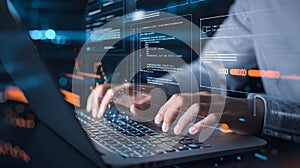 Programmer Typing Code on Laptop with Digital Interface Overlay