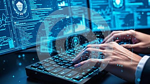 Programmer is typing on keyboard and developing secure software with abstract technology interface while working with computer