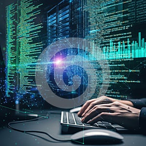 Programmer typing on keyboard with glowing digital code screen background concept