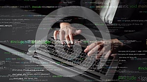 Programmer typing on laptop with code overlay, showcasing software development, coding language, technology, and digital
