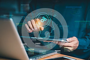 Programmer using laptop with AI head and coding language icons. Concept of automated coding, software development, artificial