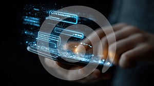 Programmer using smartphone with futuristic augmented reality holographic code, interacting with data lines and chatbots