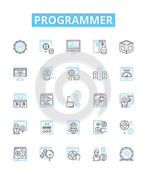 Programmer vector line icons set. Developer, Coder, Engineer, Technician, Analyst, Designer, Hacker illustration outline