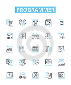 Programmer vector line icons set. Developer, Coder, Engineer, Technician, Analyst, Designer, Hacker illustration outline