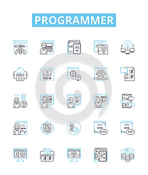 Programmer vector line icons set. Developer, Coder, Engineer, Technician, Analyst, Designer, Hacker illustration outline