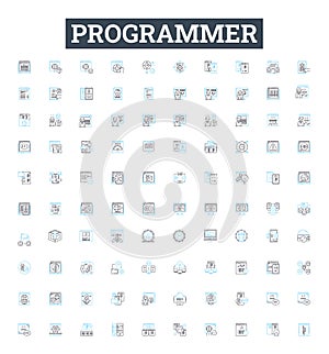 Programmer vector line icons set. Developer, Coder, Engineer, Technician, Analyst, Designer, Hacker illustration outline