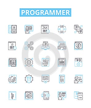 Programmer vector line icons set. Developer, Coder, Engineer, Technician, Analyst, Designer, Hacker illustration outline