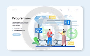 Programmer web banner or landing page. Idea of coding, testing