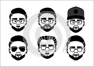 Programmer, webmaster, geek or nerd logo vector set. Cartoon face smart boy with glasses. Icons for education, gaming, technologic