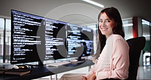 Programmer Woman Coding On Multiple Computers