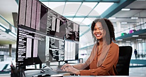 Programmer Woman Coding On Multiple Screens