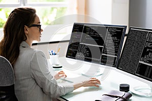 Programmer Woman Coding Software On Computer