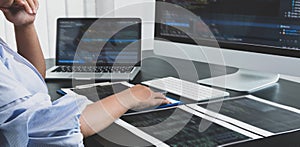 Programmer, Woman working with computer programming, professional development, and coding technology, working on high-quality