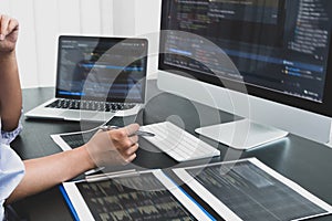 Programmer, Woman working with computer programming, professional development, and coding technology, working on high-quality