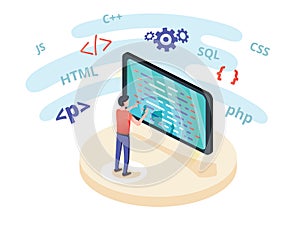 Programmer at work concept banner. Can use for web banner, infographics, hero images. Flat isometric vector