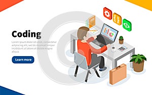 Programmer at work concept. Coding or online programming education. Flat isometric vector illustration. Web Page template. Vector