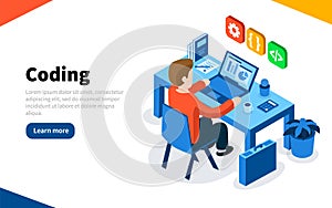 Programmer at work concept. Coding or online programming education. Flat isometric vector illustration. Web Page template. Vector