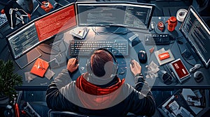 Programmer at Work with Multiple Monitors and Coding Screens in a Dark Office Environment