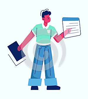 Programmer at work process vector illustration. With laptop flat style concept. Specialist coding new project using