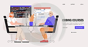 Programmer work on web development. Script coding and programming. Mobile app and computer software developing