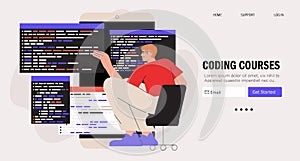 Programmer work on web development. Script coding and programming. Mobile app and computer software developing