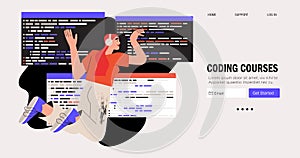 Programmer work on web development. Script coding and programming. Mobile app and computer software developing