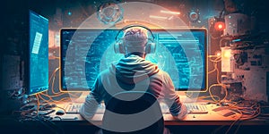 Programmer working behind computer modern interior .Generative AI