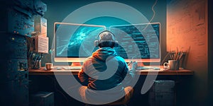 Programmer working behind computer modern interior .Generative AI