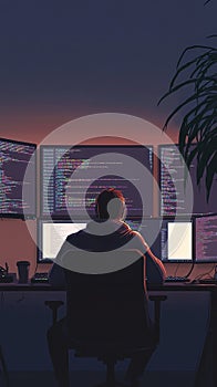A programmer working on code in a dark room illuminated by multiple screens.