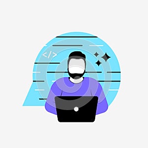 Programmer working on code development with laptop, dark theme developer avatar. Modern programming background and blue