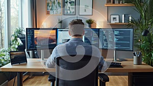 Programmer Working on Code at Home Office Desk with Multiple Monitors